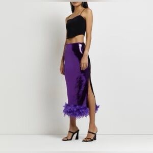 Purple Sequin Midi Skirt with Feather Hem